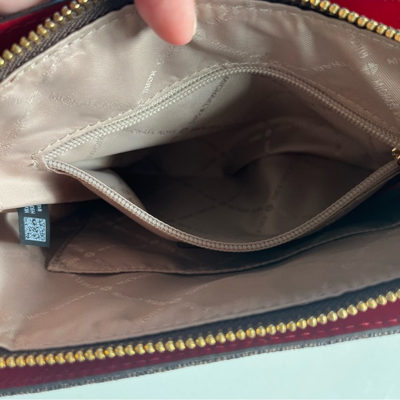 Michael Kors Nicole Large Brown Signature Logo and Merlot Leather Trim Crossbody - Picture 12 of 16